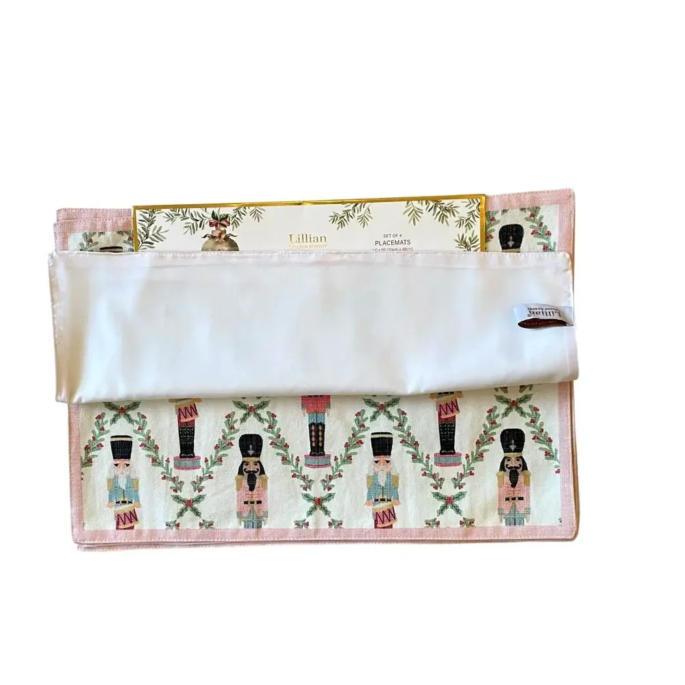 Lillian August Christmas Placemats 4pc NUTCRACKER DRUMMER BOY Pink Border New